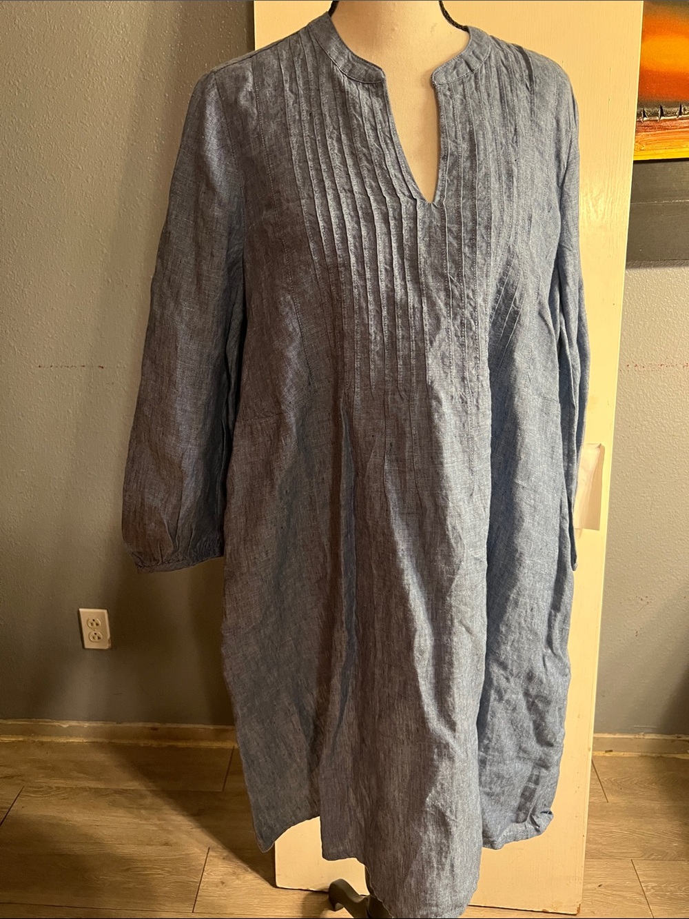 Charter Club Blue Pintuck Linen-Blend Dress